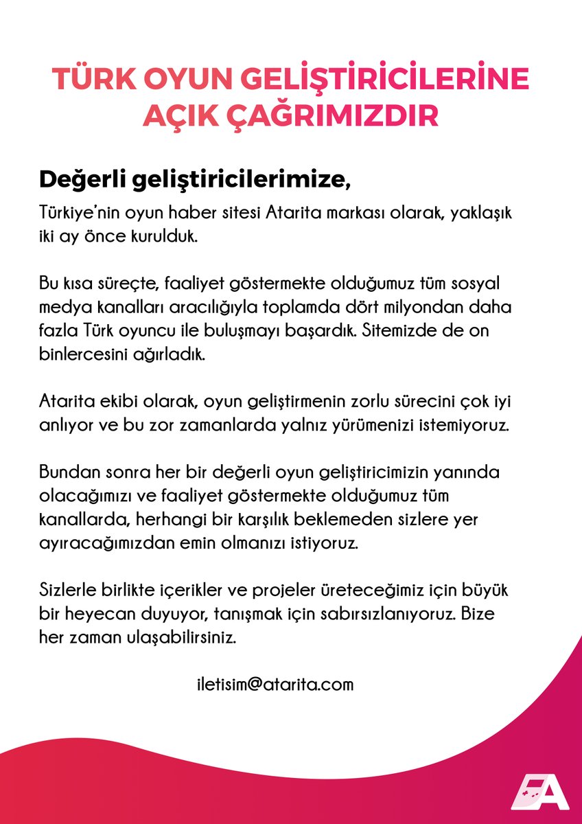 Ataritacom's tweet photo. Atarita olarak, kıymetli Türk oyun geliştiricilerine açık çağrımızdır 📢 https://t.co/2f841aVReY