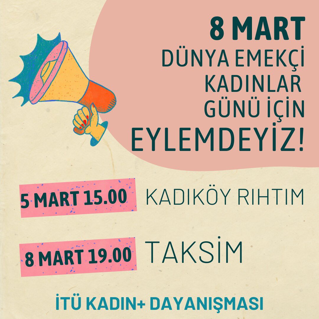 İTÜ Kadın+ Dayanışması (@itukadin) on Twitter photo 🔸5 Mart’ta Kadıköyde
🔹8 Mart’ta Taksimdeyiz!
👉🏻 Özgürlüğümüz için, hesap sormak için dayanışmayı ve mücadeleyi büyütelim. Bizimle gelmek için dm yoluyla bize ulaşabilirsin. ✉️ 🔸5 Mart’ta Kadıköyde
🔹8 Mart’ta Taksimdeyiz!
👉🏻 Özgürlüğümüz için, hesap sormak için dayanışmayı ve mücadeleyi büyütelim. Bizimle gelmek için dm yoluyla bize ulaşabilirsin. ✉️