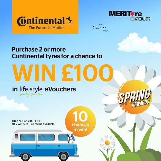 This month, buy 2 or more Continental tyres and WIN £100 in lifestyle vouchers. 10 prizes up for grabs! Buy in branch or online now 👉 buff.ly/2TTSJWp 
#continentaltyres #continentaltires #tyres #competition