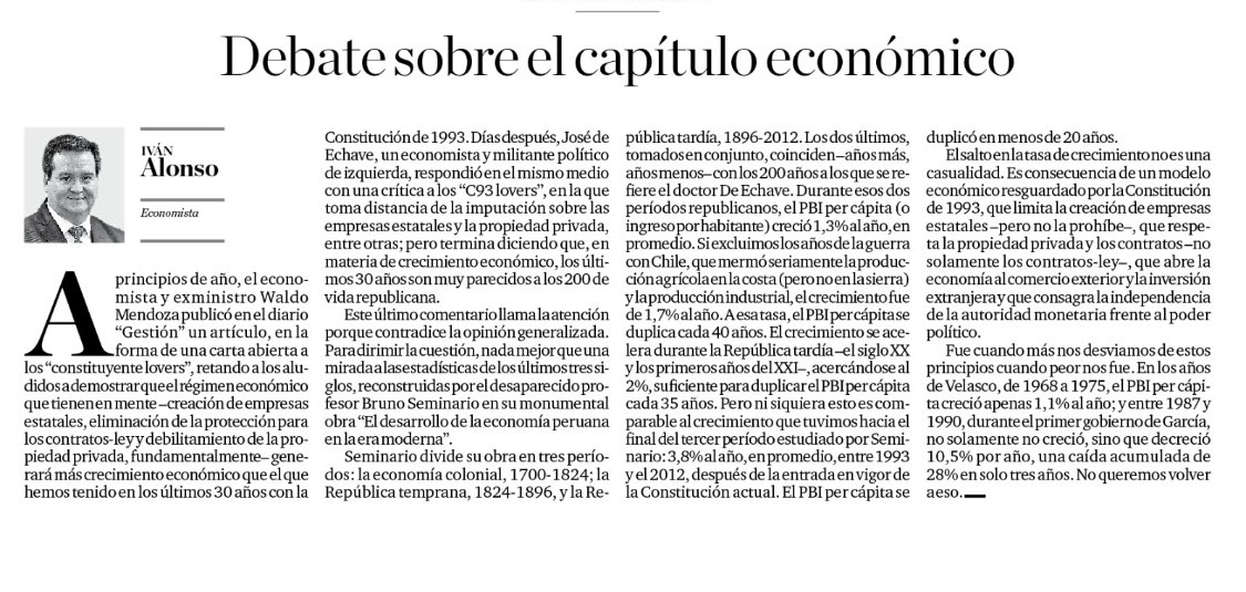 ivan_alonso_pe's tweet photo. En los años que siguieron a la constitución de 1993 la economía peruana creció más rápido que en toda la historia republicana. No es una casualidad, sino una consecuencia del modelo económico. Mi artículo de hoy en El Comercio. https://t.co/cNkHVdyJUI