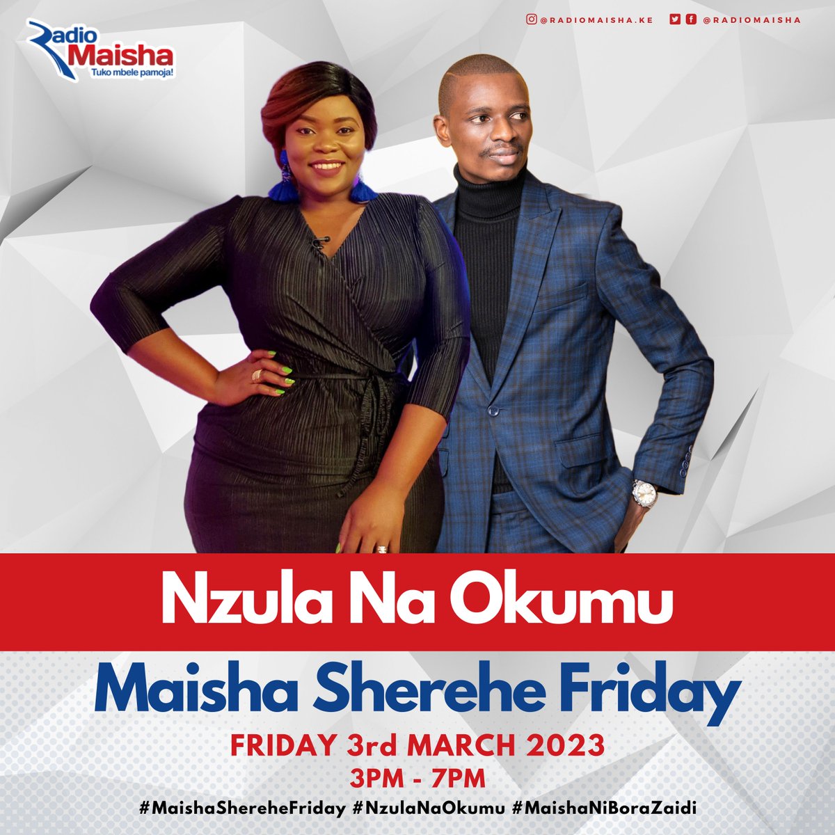 Maisha Sherehe Friday is ON!! It's time to kick start the weekend with @NzulaMakosi, @wyclif_okumu na @DJYOUNGKENYA from 3pm - 7pm. #MaishaShereheFriday #MaishaNiBoraZaidi #NzulaNaOkumu #RadioZaidiYaRadio
