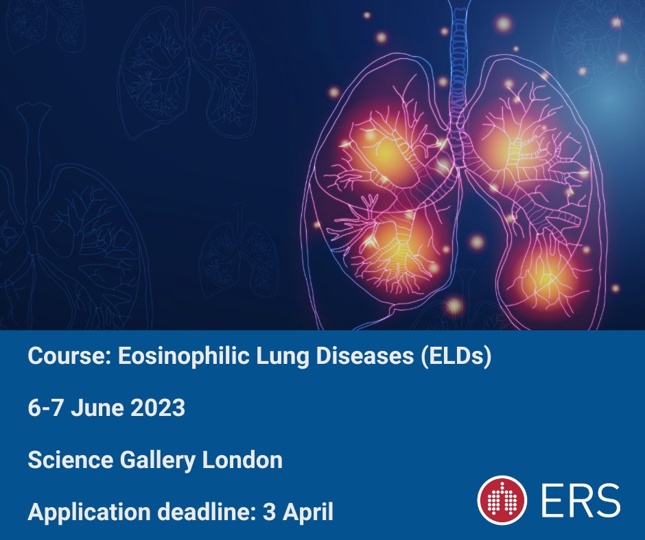 ERS (@eurorespsoc) on Twitter photo 🚨New course: Eosinophilic Lung Diseases (ELDs), 6-7 June 2023, Science Gallery London
Gain a comprehensive overview on the different ELDs, how to treat patients, and new insights.
Fully funded for participants.
Apply before 3 April👇
surveymonkey.com/r/DH6Z6QN 🚨New course: Eosinophilic Lung Diseases (ELDs), 6-7 June 2023, Science Gallery London
Gain a comprehensive overview on the different ELDs, how to treat patients, and new insights.
Fully funded for participants.
Apply before 3 April👇
surveymonkey.com/r/DH6Z6QN