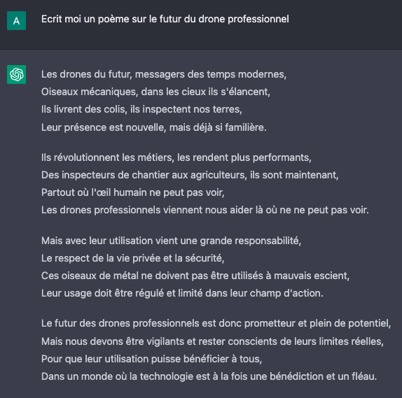 On a demandé à #ChatGPT son avis sur l'avenir du drone pro en France... en poésie 🧞‍♂️
Bien sûr il ne fait que compiler ce qui a déjà été dit, mais il aborde des points pertinents : réglementation, sécurité, etc.. 🤔
Malgré tout, il en ressort un avenir très prometteur, le ...