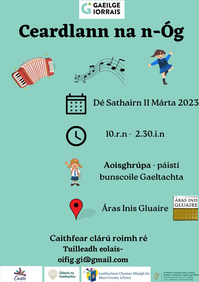 *Ceardlann na n-Óg*
Beidh ‘Ceardlann na n-Óg’ in Áras Inis Gluaire, Dé Sathairn 11.03.23 ó 10rn-2.30in.
Beidh an ócáid lán-Ghaeilge seo dírithe ar pháistí ó bhunscoileanna Gaeltachta an limistéir seo (ó 5 – 13 d’aois).
Tuilleadh eolais @ gaeilgeiorrais.ie/images/pr0323.…
Clárú linn go beo!