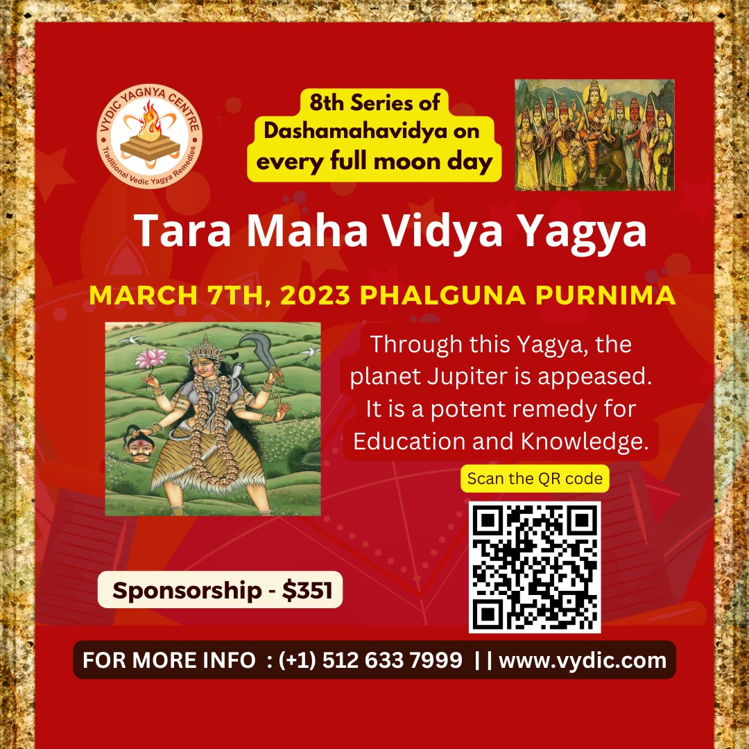 VedicYagyas's tweet image. Goddess Sri Tara guides, protects you &amp;amp; savior. She is one who bestows Spiritual knowledge which helps one discriminate between the real and illusionary forms of creation. 

Order Now : vydic.com/yagyas/tara-ma…

#tara #mahavidya #dashamahavidya #yagya #yagna