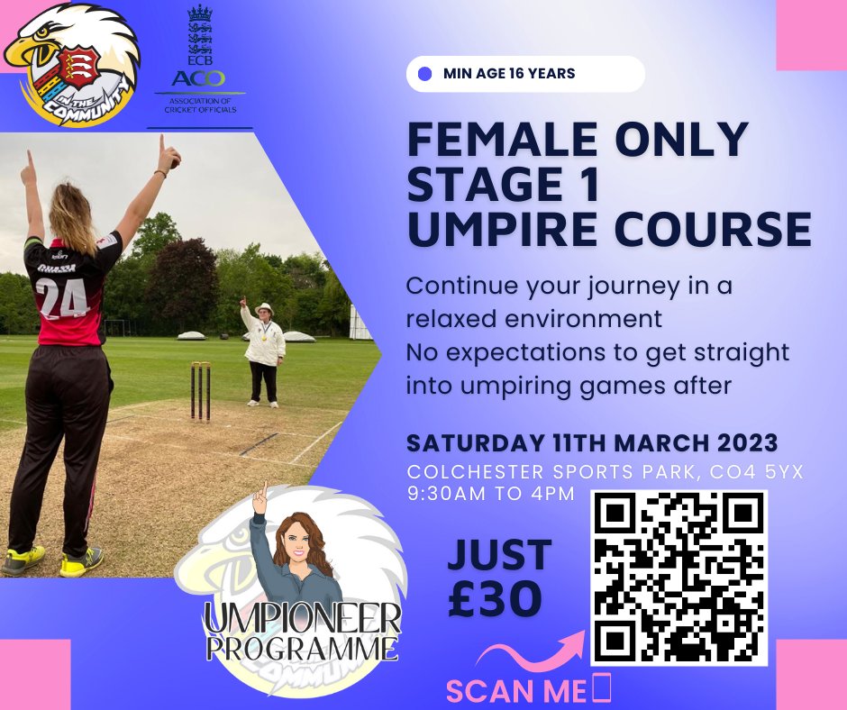 🚨☝️FEMALE ONLY STAGE 1 UMPIRING COURSE🚨☝️

Join us on Saturday 11th March at Colchester Sports Park!

Learn more about the game in a relaxed and friendly environment.

Details below and you can sign up using the link in our bio!