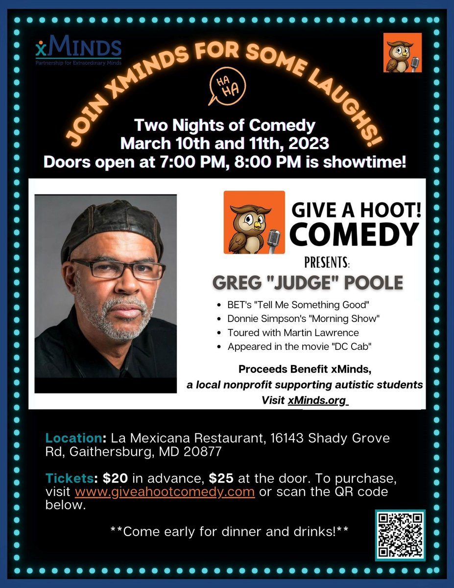 xMindsOrg's tweet photo. Have a good laugh while supporting a good cause! Gaithersburg’s new Give A Hoot Comedy Club will donate a portion of the proceeds from its shows on Fri., March 10, and Sat., March 11, to xMinds. Shows @  8 pm both evenings.
 
Purchase tickets here: https://t.co/98STFwoyZg. https://t.co/a2TapmiSXc
