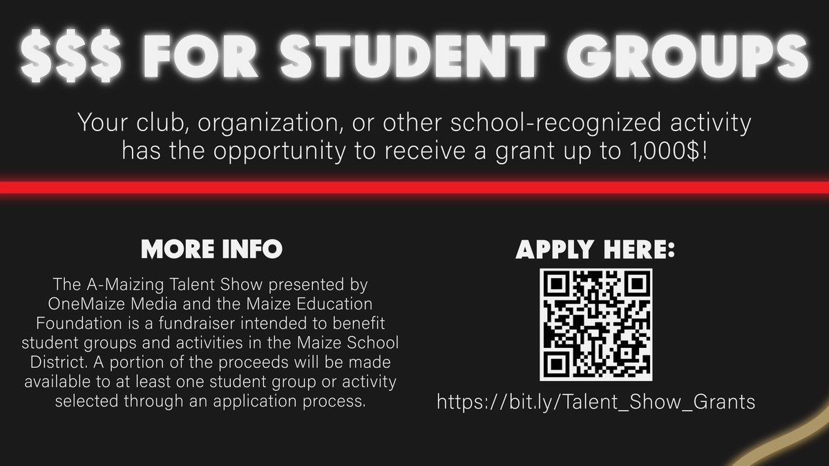 Maize Education Foundation (@maizefoundation) on Twitter photo ATTN: <a href="/maize266/">Maize USD 266</a> middle school and high school students. Your student group has a chance to receive funding from The A-Maizing Talent Show presented by MEF and <a href="/OneMaizeMedia/">OneMaize Media</a>!
Visit bit.ly/Talent_Show_Gr… to apply today! ATTN: <a href="/maize266/">Maize USD 266</a> middle school and high school students. Your student group has a chance to receive funding from The A-Maizing Talent Show presented by MEF and <a href="/OneMaizeMedia/">OneMaize Media</a>!
Visit bit.ly/Talent_Show_Gr… to apply today!