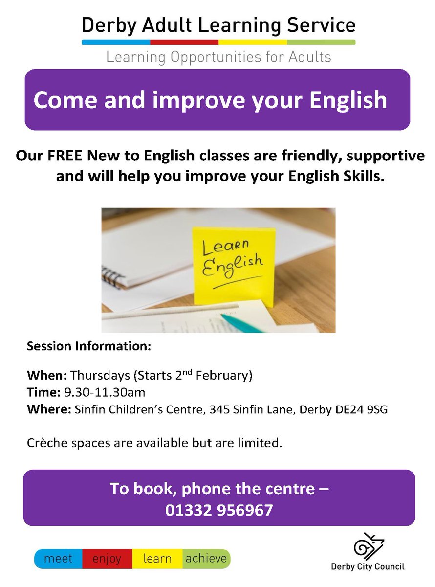 Free family learning English classes from <a href="/dalsderby/">Derby Adult Learning Service</a> 

👉Mondays 1.15-3.15pm @ Alvaston Children’s Centre
👉Wednesdays 1-3pm @ Normanton Library
👉Thursdays 9.30-11.30am @ Sinfin Children’s Centre
👉Fridays 1-3pm @ Becket Children’s Centre

Full info at: communityactionderby.org.uk/events/family-…