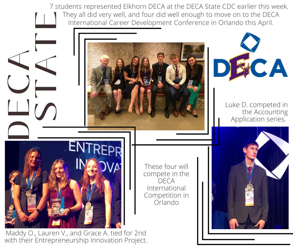 ElmerElk's tweet image. Congratulations to the 7 students who represented EAHS at the DECA State Career Development Conference earlier this week. 

Pictured below: TJ H, Grace A, Maddy O, Lauren V, Luke D, Kevin P, and Megan G. 

Great job! 

#goelks