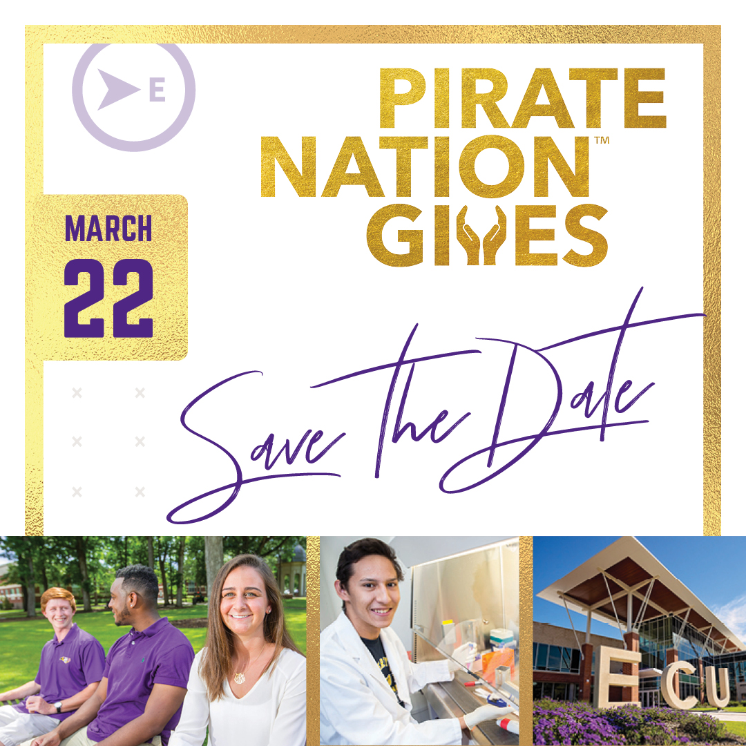 ECU_SOTD's tweet photo. Save the date, March 22, for Pirate Nation Gives 💜💛🏴‍☠️
.
#ecuartscomm #ecumusic #ecusoc #ecusotd #ecusoad https://t.co/0F5CYBCOC2