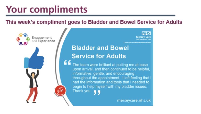 joanneellis's tweet photo. Couldn’t ask for better feedback than this! Well done to our Bladder and Bowel team supporting patients with conditions that can have such a huge daily impact on them @carolgordonNHS @Paulawhitfie1d @djones1nhs @KelleighHoy @Mersey_Care @nicolaw01 https://t.co/Jhc9ks9JWU