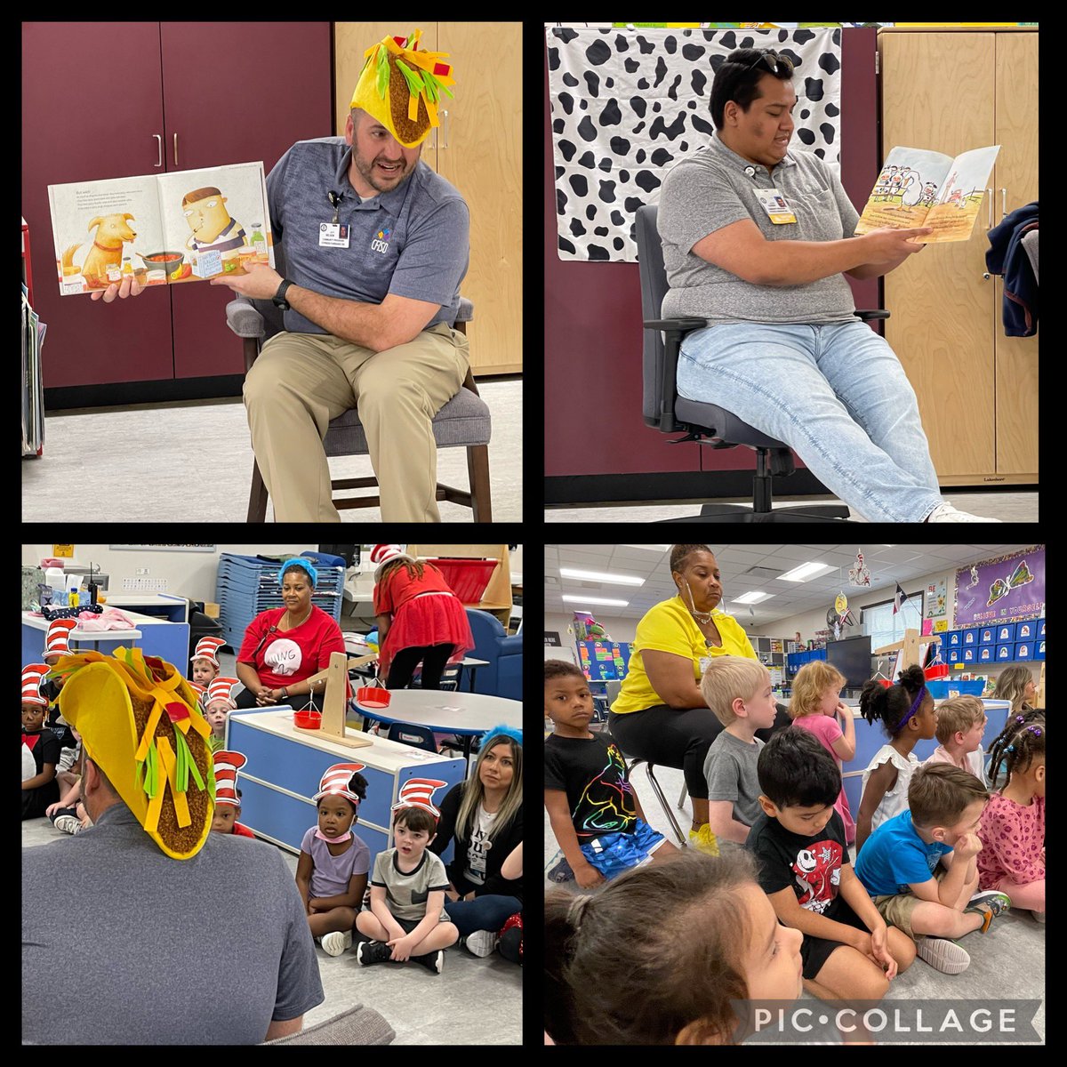 CFISDELC1's tweet photo. This week @CFISDELC1 we celebrated #ReadAcrossAmerica We were blessed by having @CFISDCOMMPROG come out each day this week and share their favorite books with our students. Thank you Community Programs! #Moosetache #PaleteroMan #DontWakeTheDragon #DragonsLoveTacos #ClickClackMoo https://t.co/oJTvm9sYp9