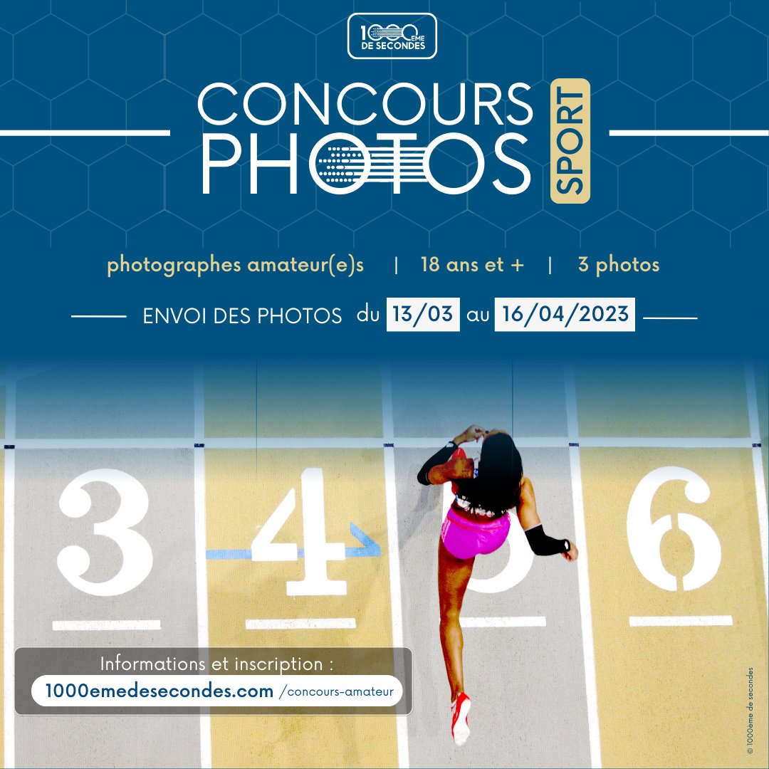 Envie d'exposer aux côtés des pros ? Participez au concours photos 1000ème de secondes en envoyant 3 photos maximum ! 📅13 mars au 16 avril 2023. Thème : le SPORT, sous toutes ses formes. ℹ Retrouvez le règlement complet et toutes les infos sur 1000emedesecondes.com/concours-amate…