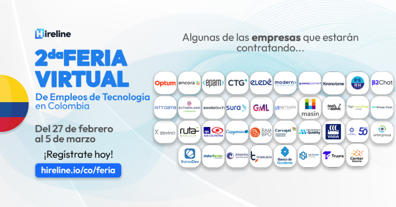 hirelineio's tweet photo. 🚨 ¡Colombia, ya comenzó la Feria Virtual de empleos de Tecnología de Hireline! 🚨 

Un evento virtual con más de 300 vacantes de tecnología y alrededor de 30 empresas reclutando talento. 🚀

📆 Aplica del 27 de febrero al 5 de marzo.

🔹 Regístrate dando clic. 👇🏽