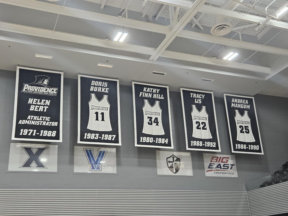 New banners in Mullaney Gym honoring Women's Basketball Friar Legends