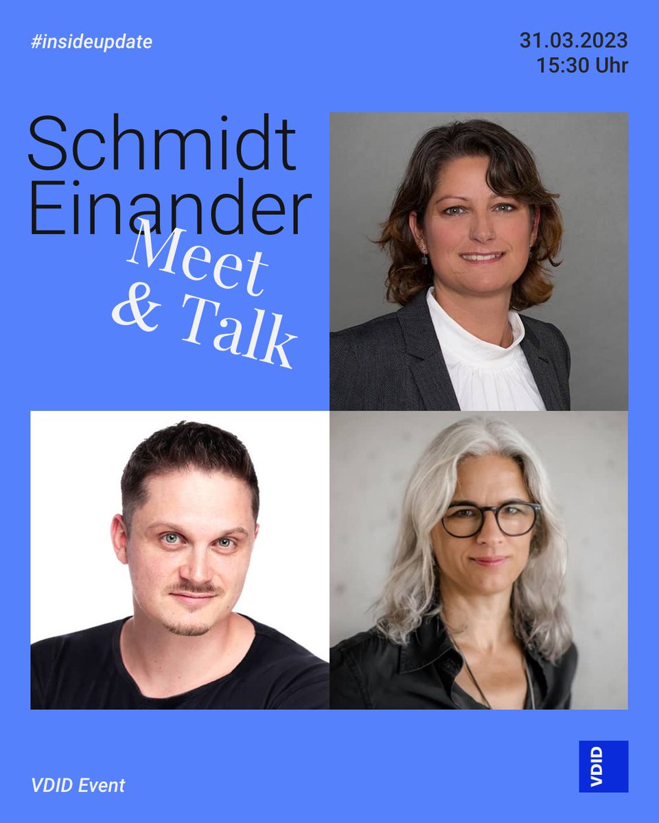 VDID_eV's tweet photo. #vdid #event #insideupdate
SchmidtEinander – Meet & Talk
31.03.23, 15:30 Uhr, online
"Von Mitglied für Mitglied" sind alle VDID Mitglieder eingeladen, sich kennenzulernen, auszutauschen und Design zu diskutieren.
➡️https://t.co/yQslfXI5c4
#design #produktdesign #industriedesign https://t.co/OMA1GgWxOt