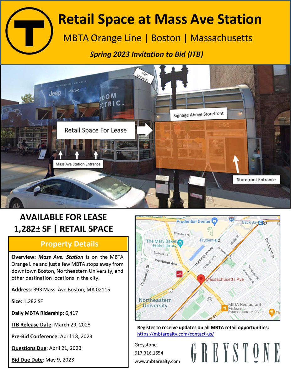 GreystoneGMS's tweet photo. The @MBTA will be releasing an ITB for lease of the retail space at its Mass Ave Station this month!

Please see below for more information. https://t.co/R1zJwUD604