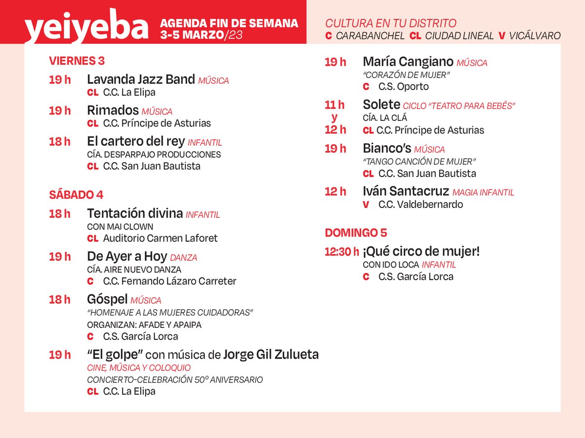 Arranca la programación de marzo en los centros culturales de los distritos de #CiudadLineal, #Carabanchel y #Vicálvaro, y como marzo se escribe con “M” de Mujer… ¡comenzamos a celebrarla! 💜 ¿Os apuntáis? La entrada es gratuita.