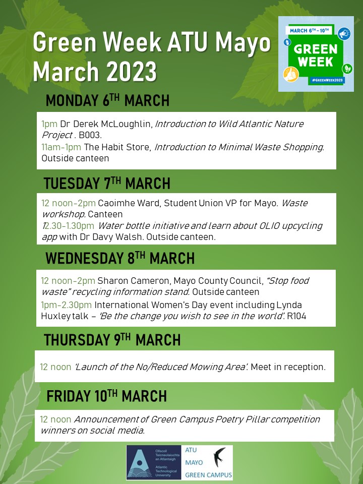 Next week is Green Week. Looking forward to our series of events throughout the week. <a href="/atu_ie/">Atlantic Technological University</a> <a href="/ATU_GalwayCity/">ATU Galway City</a> <a href="/OFlynnATU/">Orla Flynn</a> <a href="/justinkerr123/">Dr Justin Kerr</a> <a href="/GreenCampusIE/">Green Campus Ireland</a> <a href="/MayoCoCo/">Mayo County Council</a>