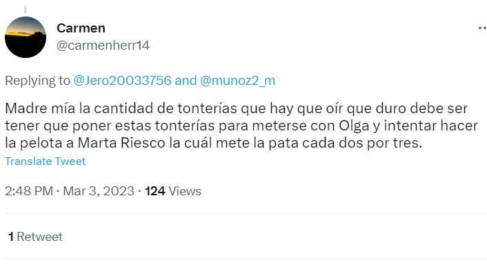 No hago la pelota, tengo criterio propio, te invito a leer mis últimas publicaciones sobre Marta y AD. Perdóname por no hacer como usted, que se tira 10 horas al día, dando corazones a la gente en el perfil de Olga, como una frikifan obsesiva.
Da escalofríos verlo
#YoMeRebelo3M