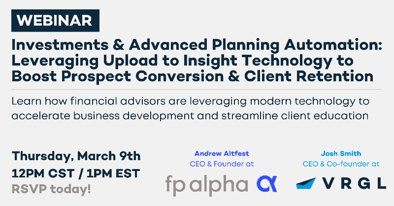 VRGLwealth's tweet photo. Join us for an upcoming webinar to learn how VRGL and @_FPAlpha are helping advisors demonstrate value by enabling them to quickly provide more accurate, actionable, and personalized advice through document upload automation.

RSVP today! ⬇️
https://t.co/sKKnG3MAMO