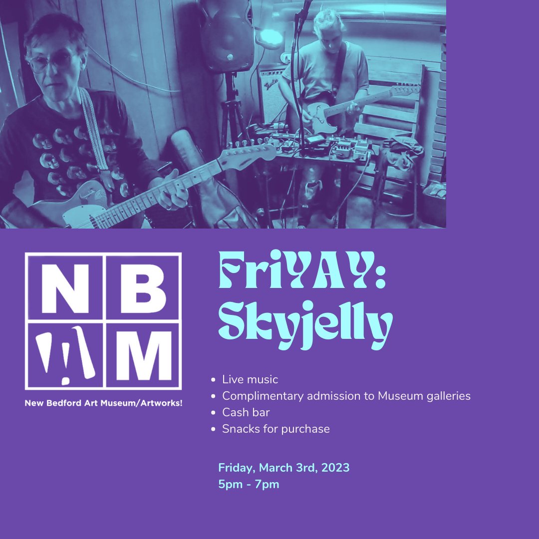 REMINDER: Tonight is our March FriYAY event featuring local psychedelic rock band Skyjelly. Every first Friday of the month NBAM features performances by local musicians. Come jam out with us!🎙️⁠

🔗 newbedfordart.org/friyays/

#NewBedford #WeArtNB #artDNB #LiveMusic #FriYAY