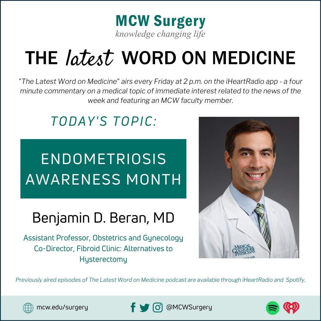 🎙️The #LatestWordOnMedicine airs at 2PM today on <a href="/iHeartRadio/">iHeartRadio</a> featuring Dr. Benjamin Beran, <a href="/beranMD/">Benjamin Beran</a>, to kick off #endometriosis awareness month!

Listen here: ow.ly/F9i450F4Rxl

Learn more: froedtert.com/fertility/endo…

#LeadingTheWay <a href="/mcwobgyn/">mcwobgyn</a> <a href="/MedicalCollege/">Medical College of Wisconsin</a>