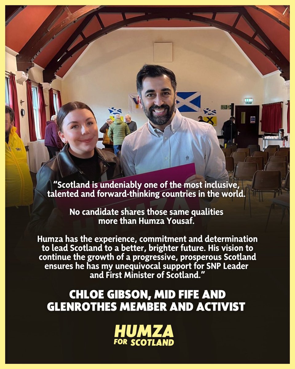 HumzaYousaf's tweet photo. Chloe Gibson, Mid Fife and Glenrothes @theSNP member &amp; activist:

"Humza has the experience, commitment and determination to lead Scotland to a better, brighter future."

#HumzaForScotland https://t.co/J4EFmSgohB