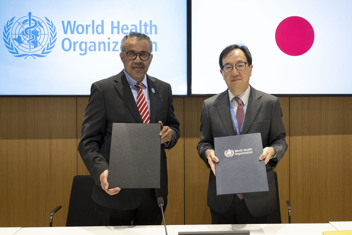 JapanMissionGE's tweet photo. Amb. Yamazaki and @WHO DG @DrTedros have signed an agreement to provide approximately USD 4.8 Million (JPY 662 Million) to enhance Health Care Services in #Syria. #Japan hopes this cooperation with WHO will improve the health system needed for the people in Syria. https://t.co/On5XZJsrSN
