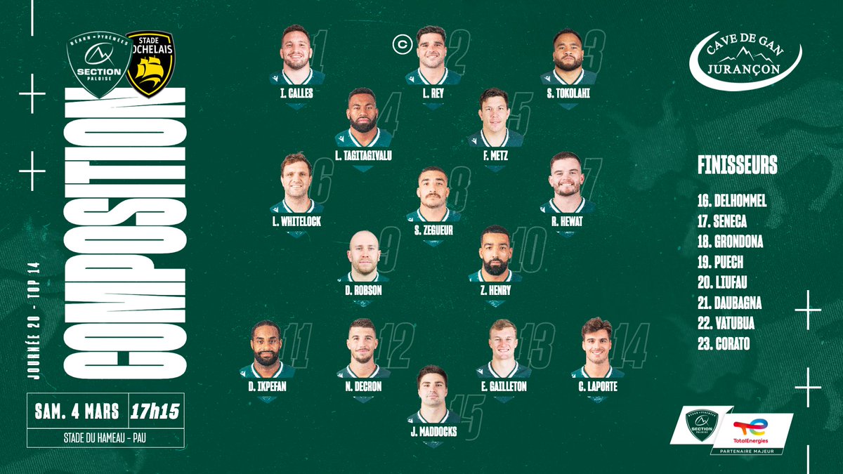 📋 𝑳𝒂 𝒄𝒐𝒎𝒑𝒐

🏉 Voici nos 2️⃣3️⃣ Béarnais qui affronteront le Stade Rochelais samedi à 17h15 au Hameau !

🎟️ Billetterie 👉 bit.ly/3YPOZDa

#SPSR #TOP14 #HonhaSection