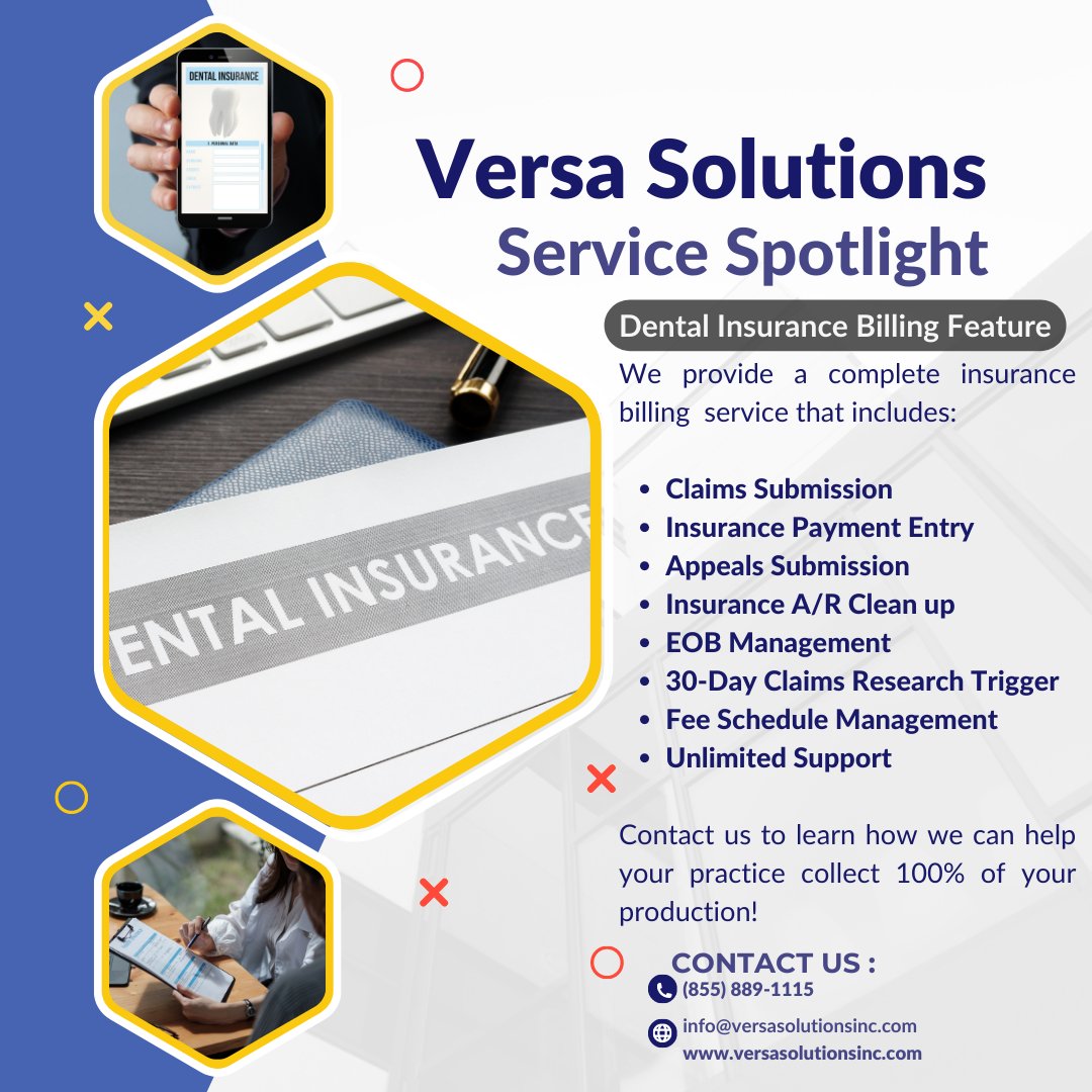 Never worry about dental insurance billing again! Check out our service spotlight feature to automate and outsource tedious billing tasks and get back to focusing on your patients. 

#dentalinsurance #dentalbilling #versasolutions #versabilling