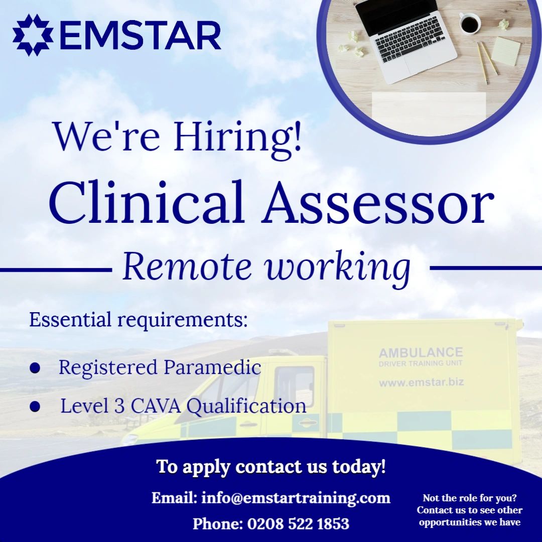 EmstarUK's tweet photo. We’re hiring Clinical Assessors to mark students’ online portfolios!
This role is completely remote and you can pick your own hours.
Essential requirements:
• Registered Paramedic
• Level 3 CAVA Qualification

Full-time, Part-time https://t.co/2JKWHnoJsw