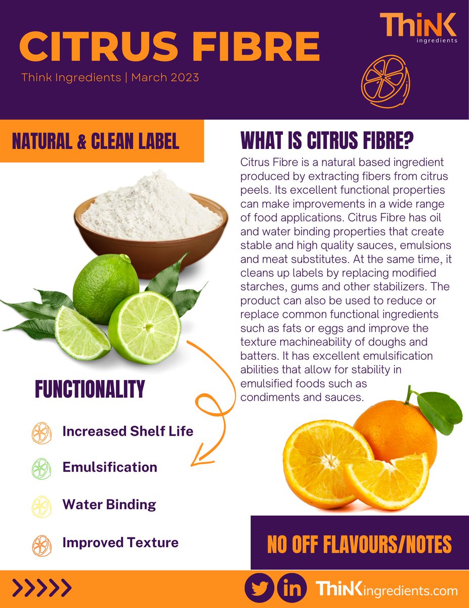 think_ing_food's tweet image. Its March! This month we are focusing on Citrus Fiber, a simple yet highly functional ingredient.🍋

#foodindustry #functionalingredients #foodapplications #productdevelopment #foodproducts #citrusfiber