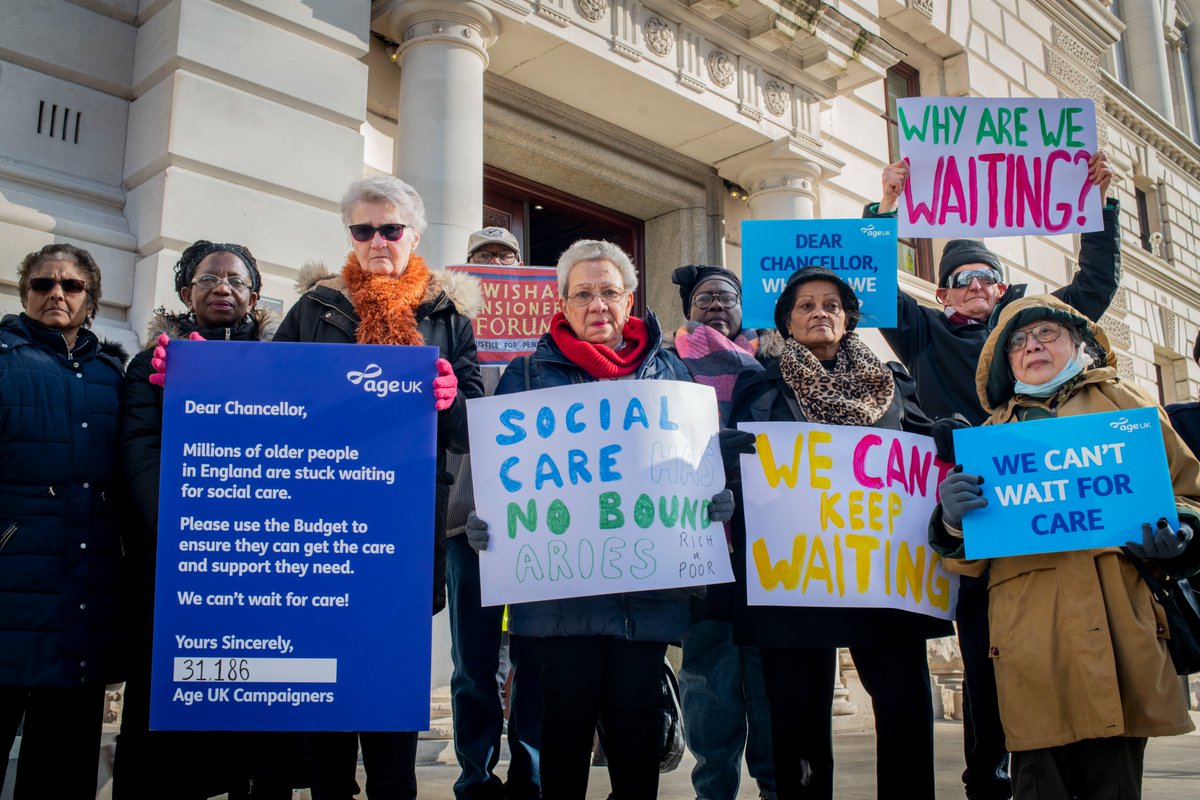 This week <a href="/Age_UK/">Age UK</a> campaigners gathered outside <a href="/hmtreasury/">HM Treasury</a> to let them know that older people #CantWaitForCare.

Over 31,000 people signed our letter calling on <a href="/Jeremy_Hunt/">Sir Jeremy Hunt MP</a> to act. The Budget is his opportunity to help the 2.6 million older people unable to get #socialcare