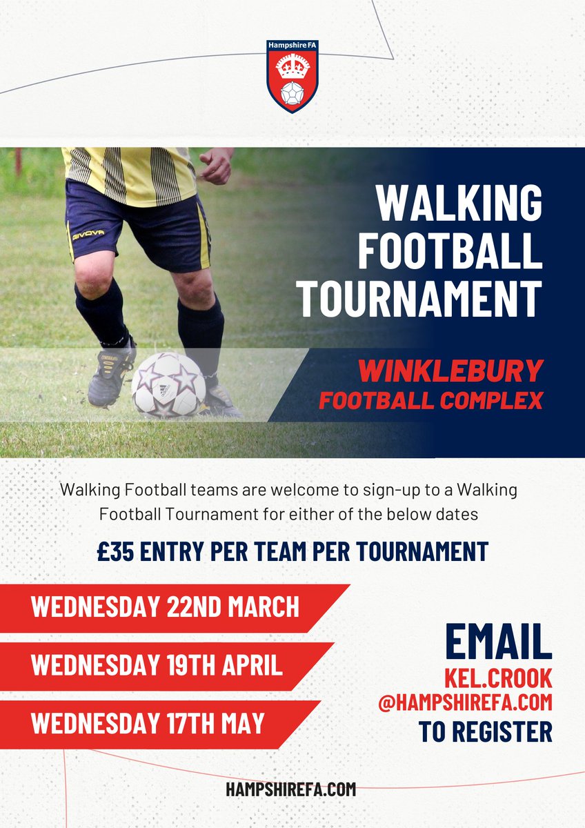 Hampshire FA (@hampshirefa) on Twitter photo πΆ πππππππ π
πππππππ is coming to <a href="/WinkleburyHFA/">Winklebury Football Complex</a>
Walking Football teams are welcome to sign-up to a Walking Football Tournament for either of the below dates
π 22nd March
π 19th April
π 17th May
ποΈ Β£35 entry per team
Sign-up β‘οΈ buff.ly/41EDUal πΆ πππππππ π
πππππππ is coming to <a href="/WinkleburyHFA/">Winklebury Football Complex</a>
Walking Football teams are welcome to sign-up to a Walking Football Tournament for either of the below dates
π 22nd March
π 19th April
π 17th May
ποΈ Β£35 entry per team
Sign-up β‘οΈ buff.ly/41EDUal