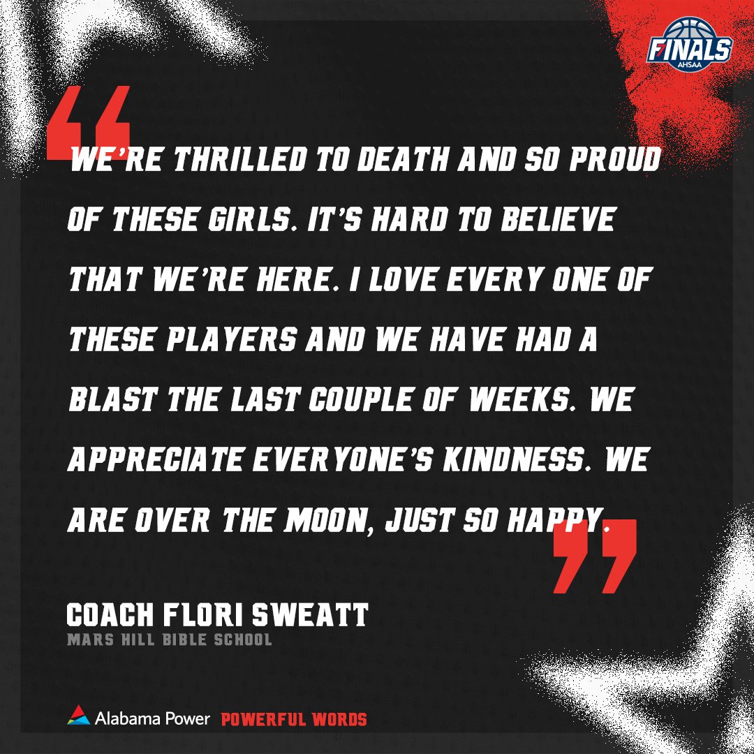 AHSAA State Finals (@ahsaa_hoops) on Twitter photo The #2AGirls post-game press conference is happening now at <a href="/LegacyArena/">Legacy Arena</a>! Hear what Head Coach Flori Sweatt has to say about <a href="/marshillsports/">Mars Hill Athletics</a> win with @AlabamaPower's Powerful Words! 🗣
#StateFinals | #Ball4ItAll | @AlabamaPower | #2A | <a href="/LegacyArena/">Legacy Arena</a> | <a href="/AHSAAUpdates/">AHSAA</a> The #2AGirls post-game press conference is happening now at <a href="/LegacyArena/">Legacy Arena</a>! Hear what Head Coach Flori Sweatt has to say about <a href="/marshillsports/">Mars Hill Athletics</a> win with @AlabamaPower's Powerful Words! 🗣
#StateFinals | #Ball4ItAll | @AlabamaPower | #2A | <a href="/LegacyArena/">Legacy Arena</a> | <a href="/AHSAAUpdates/">AHSAA</a>