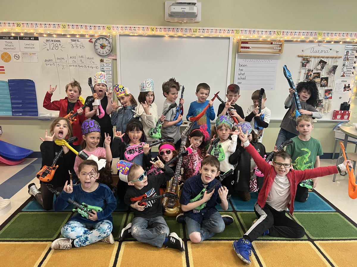 MrsClementsC11's tweet photo. When you’ve ROCKED it all the way to the 120th day of 1st grade, it’s worthy of a Twitter post! 🤘🏼🎸 https://t.co/ZaHIaYkmZz