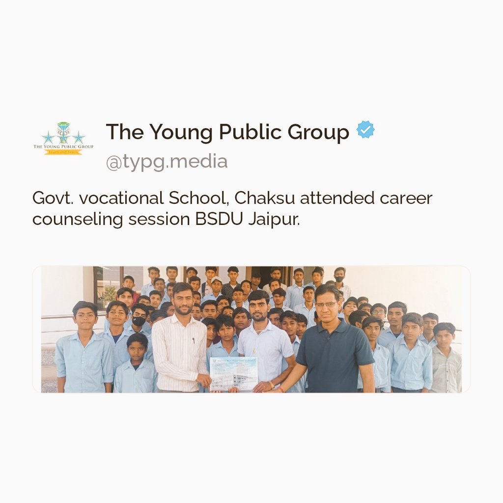 TheYoungPublic1's tweet photo. Govt. vocational School, Chaksu attended career counseling session BSDU Jaipur

We are pioneer in #SkillEducation BSDU • Jaipur • B. Voc • BSDU Study 
TYPG   •   The Young Public Group
#TYPG #TYPGNews #TYPGMedia https://t.co/T525apqOQH