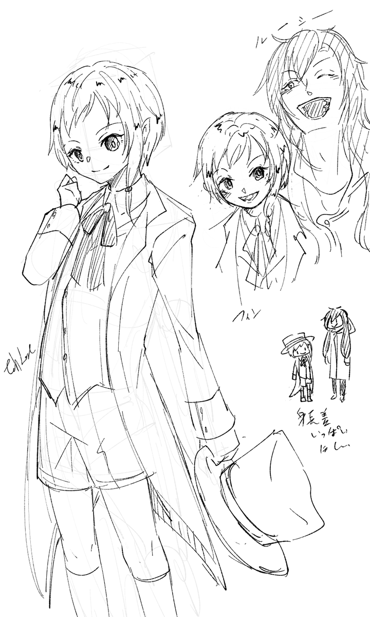 金髪短パン生意気意地悪い敬語ショタほしいよ～～～～～ってこねてたら、ン年前からキャラデザ済のキャラの対の概念に嵌まる気がしたので並ばせたところ。らくがきたのしいね。 