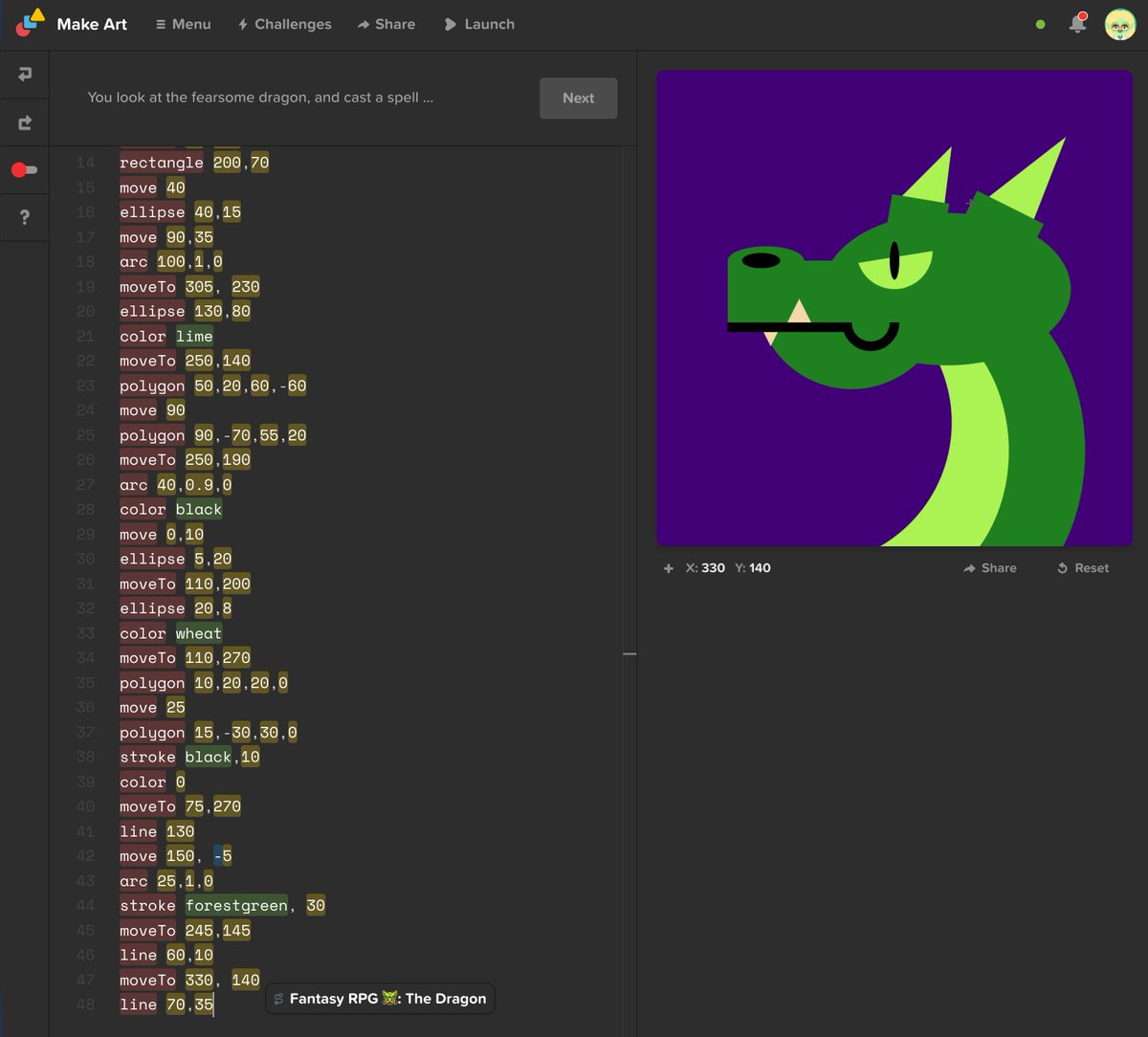kanoworldstudio's tweet photo. Transform your code into breathtaking art with our Make Art app! 🐲

Behold this almighty dragon masterpiece, crafted from our Fantasy RPG tutorial pack 🧙‍♂️

Ready to code your own dragon? Join Kano World today and try it out for yourself! 🚀

https://t.co/8rgd3w0soo https://t.co/ObbPsDdHXo