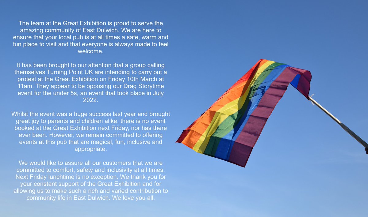 We are committed to offering magical, fun, inclusive and appropriate events here at the Great Exhibition. We would like to assure all our community that we are committed to comfort, safety and inclusivity at all times! Thank you!