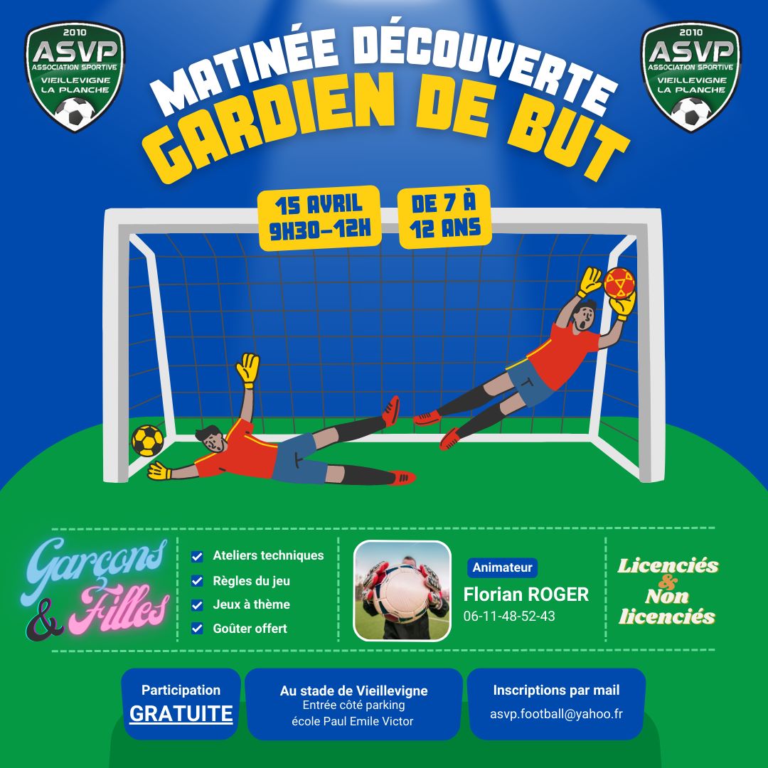 AsvpFootball's tweet photo. ⚽ Le 15 avril de 9h30 à 12h, venez découvrir le poste de gardien de but ⚽

Toutes les infos sur l'affiche ➡️ https://t.co/ZfexGCxEtI