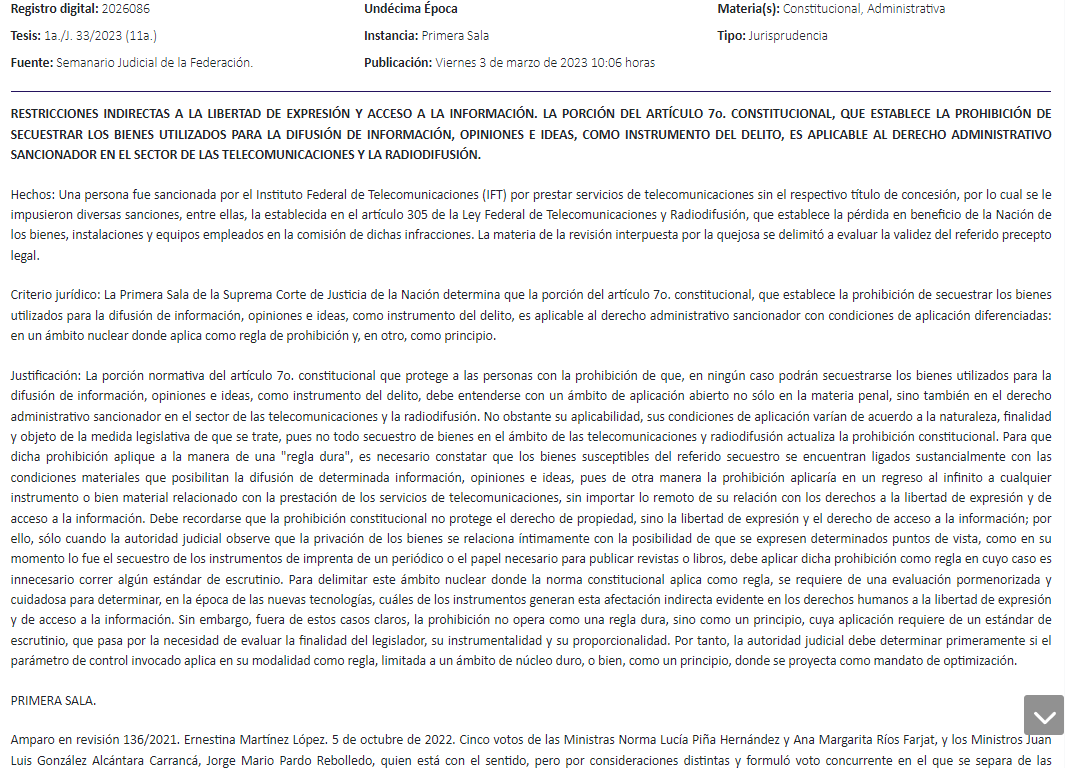 JonathanLpezTor's tweet photo. Jurisprudencia de la Primera Sala de la @SCJN @CyberUsMx
La porción del artículo 7 constitucional, q establece la #prohibición de secuestrar los #bienes utilizados para la #difusión de información... es #aplicable al derecho #administrativo sancionador... https://t.co/Drr0brTeTV