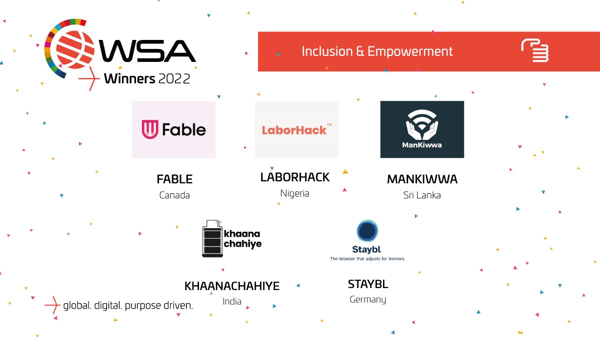 🎉Meet the WSA Winners 2022 | Inclusion & Empowerment category 🎉
Fable 
@Laborhack_ng 
@ManKiwwa 
@khaanachahiye 
Staybl 

Learn more about the winners & connect with them at the WSA Global Congress 2023!

👉 wsa-global.org/2022/12/01/wsa… 
#WSA #Connect4Impact #hackthegap