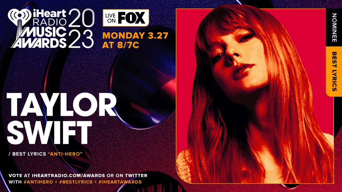 iHeartRadio's tweet photo. RT TO VOTE!!!

🎶 @taylorswift13 🎶

Vote using these hashtags: #AntiHero #BestLyrics #iHeartAwards
And vote on: https://t.co/aPueslpaIw https://t.co/AqGUz5rcmE