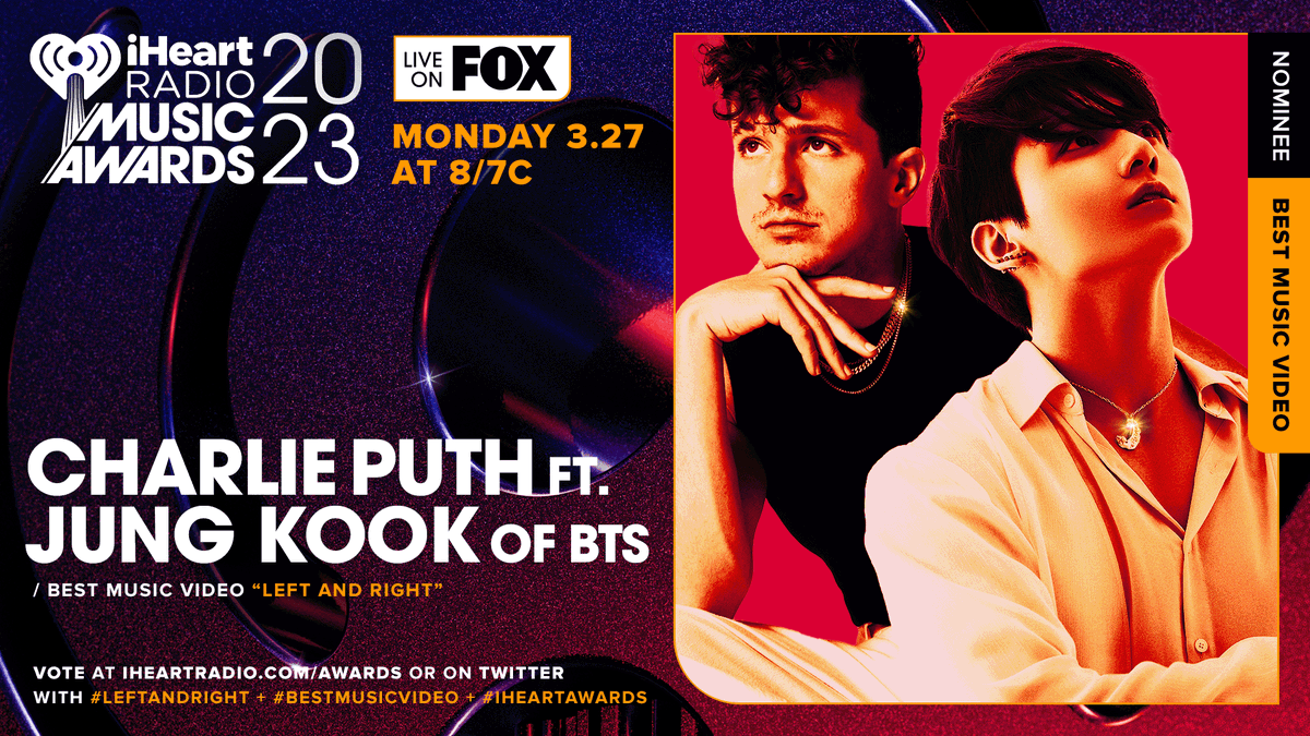 iHeartRadio's tweet photo. RT TO VOTE!!!

📹 @charlieputh x #JungKook of @bts_bighit // @BTS_twt 📹

Vote using these hashtags: #LeftandRight #BestMusicVideo #iHeartAwards
And vote on: https://t.co/aPueslpaIw https://t.co/s53we676XJ