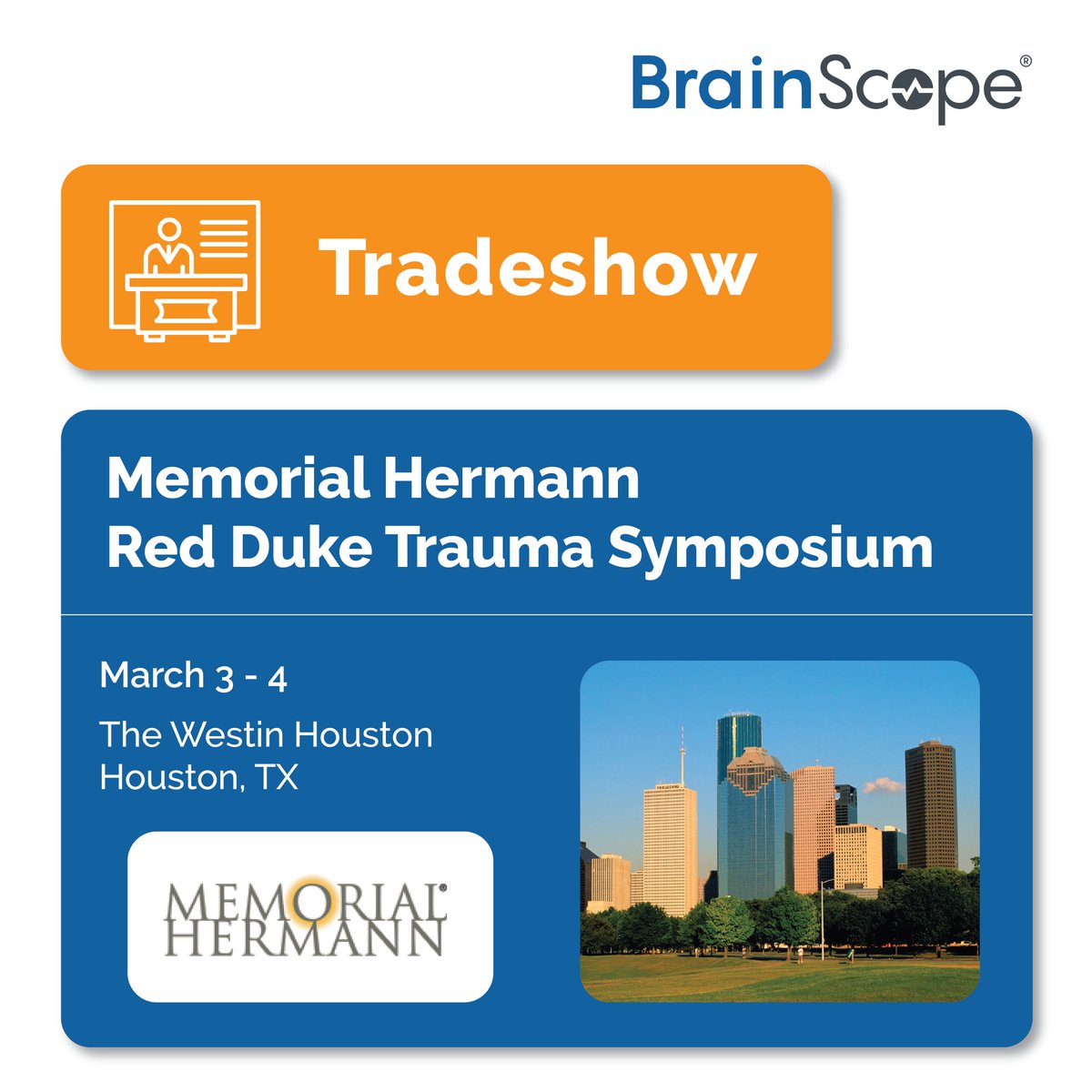 BrainScope's tweet photo. We'll be at the 2023 Memorial Hermann Red Duke Trauma Symposium today and tomorrow! Come find us to learn more about how BrainScope can help improve patient care for mild head injuries. See you there!
#BrainScope #RedDuke #concussion #mTBI https://t.co/U00UvvzggD