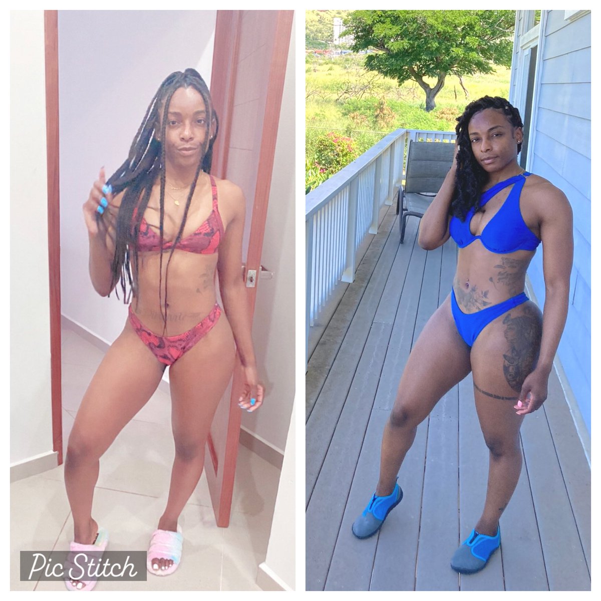 Pretty_Vonnie's tweet photo. My fitness journey started in 2021. It has been a journey was not easy but I did! My goal was to gain weight! I went from 120lb - 145lbs . The red bathing suit is 120 and we’ll you can guess the blue 🙃 https://t.co/iK0ej5CDQB