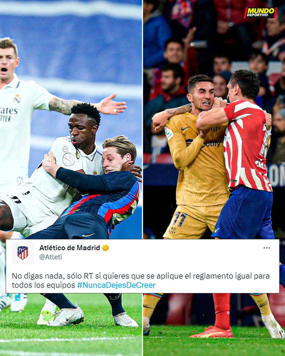 👀 El tuit del <a href="/Atleti/">Atlético de Madrid</a> 

📌 Hoy a Simeone le han preguntado por las acciones parecidas de Vinicius y Savic, que al brasileño le costó amarilla y al jugador rojiblanco la roja y dos partidos de suspensión: "Viendo las imágenes es lo que nos preguntábamos"